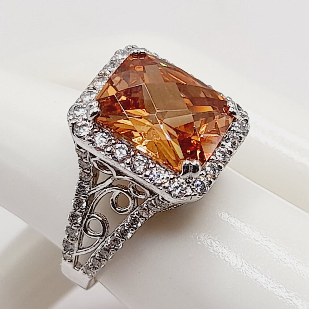 Vintage 925 Silver Citrine Glass Ring Pave Rhinestones Filigree Size 7.5